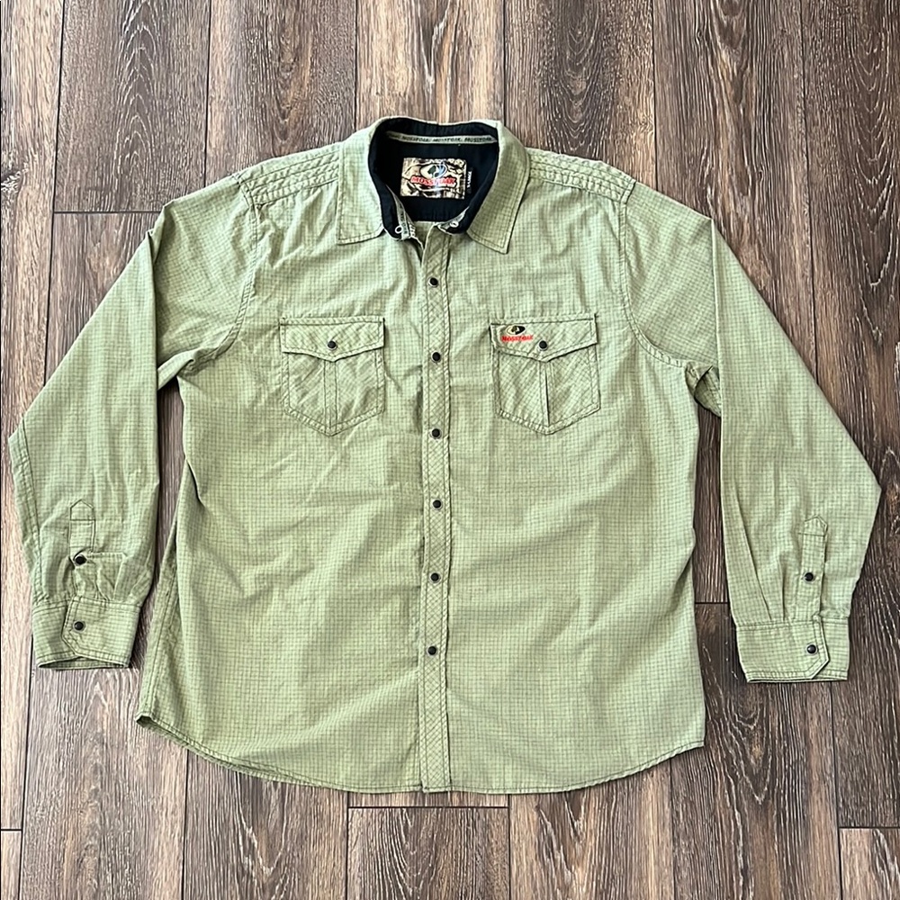 Mossy Oak Green Checkered Mens XL Black Pearl Snap Button Down Shirt Pockets